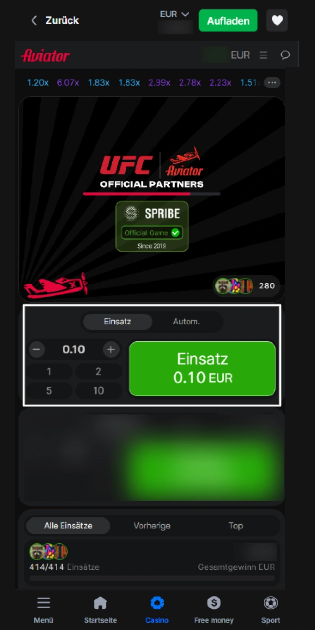Wählen Sie Ihren Wetteinsatz für die nächste Runde im Aviator-Spiel.