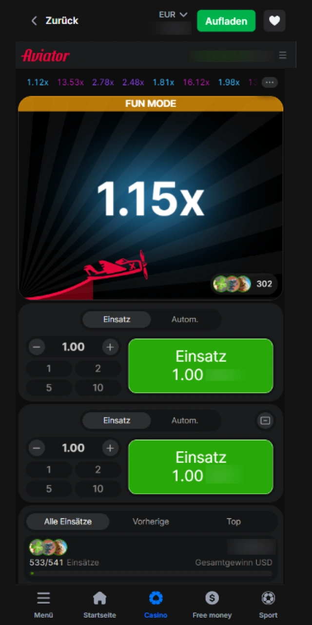 Die Benutzeroberfläche des kostenlosen Demo-Modus in der Aviator-App.