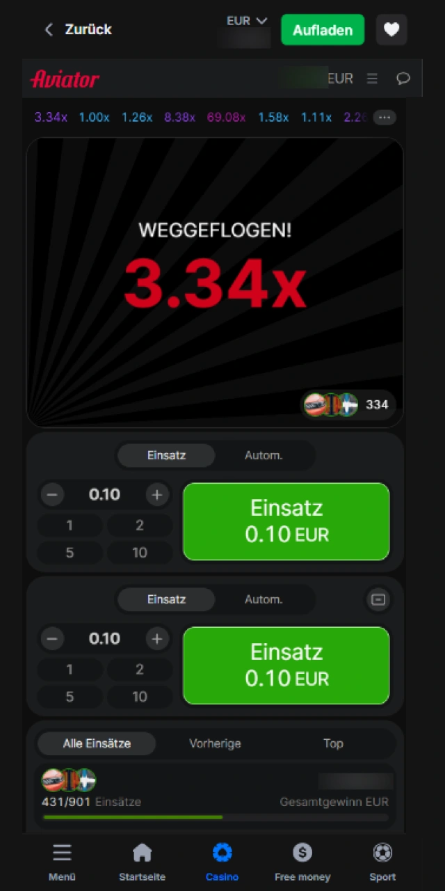 Der Bildschirm nach dem Ende einer Spielrunde in der mobilen Aviator-App.