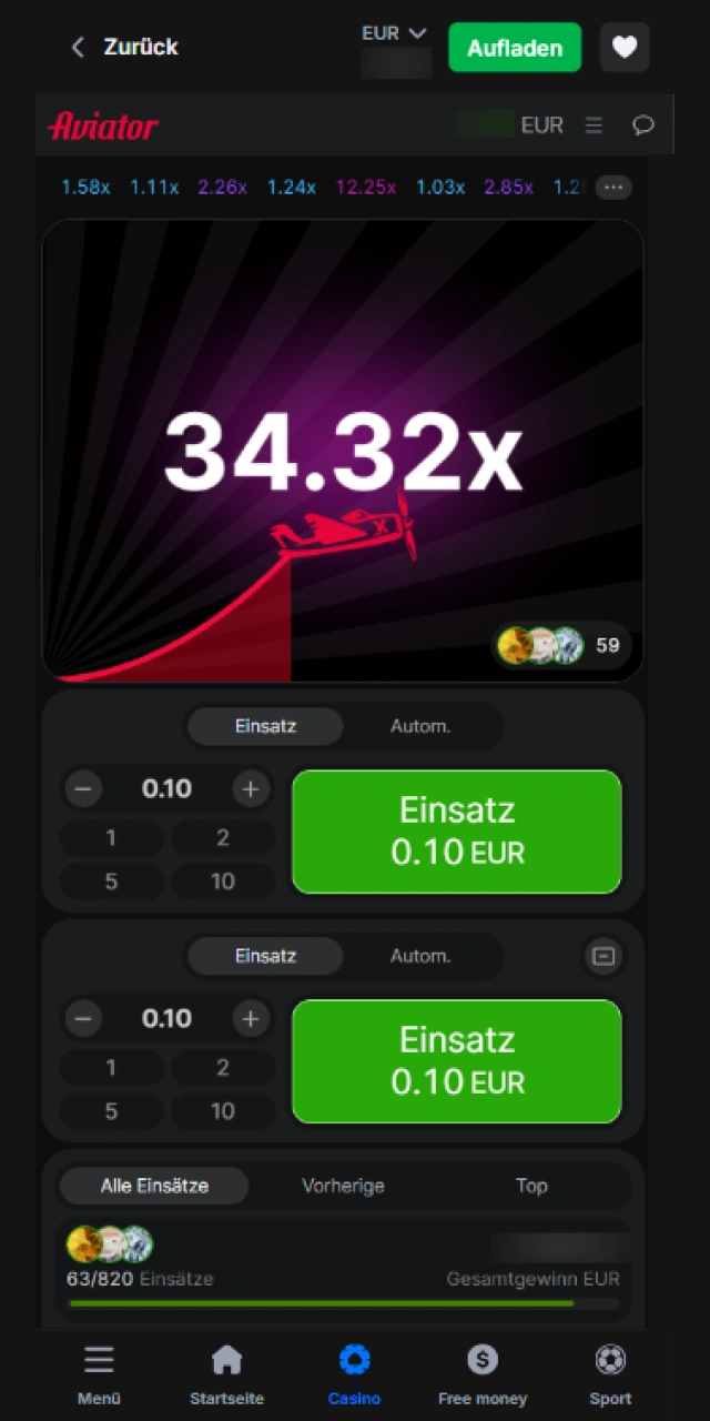 Die Anzeige eines hohen Multiplikators und Gewinns in der Aviator-App.