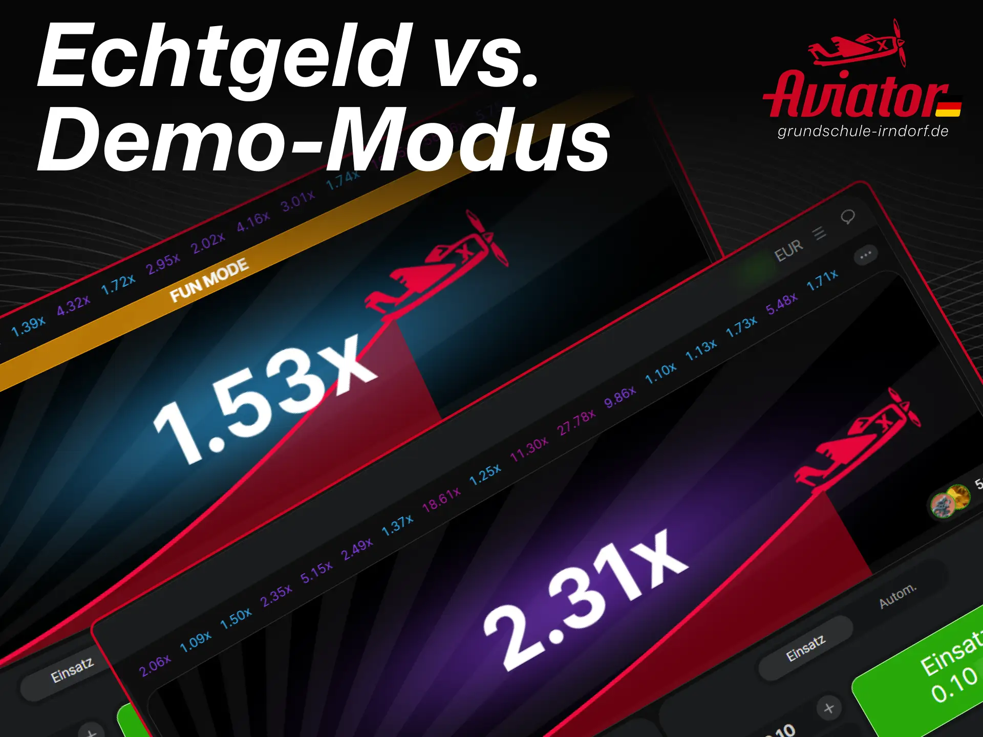 Sehen Sie den direkten Vergleich zwischen dem Aviator Echtgeld-Modus und der gratis Demo-Variante.